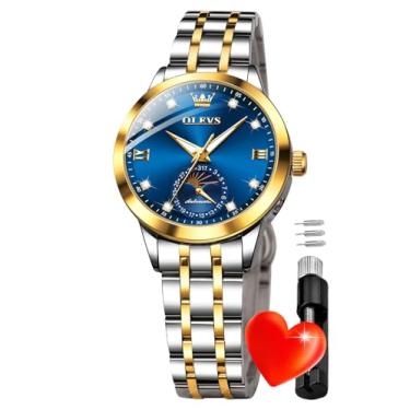 Imagem de OLEVS Relógio feminino dourado automático mecânico diamante original clássico relógio de pulso de dois tons com corda automática, 7041: azul