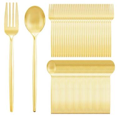 Imagem de Conjunto descartável de garfos e colheres de plástico dourado 200PCS S