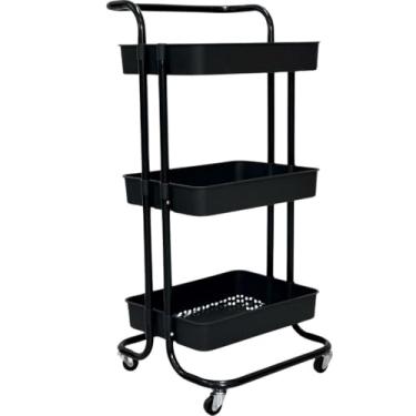 Imagem de Carrinho Organizador Multiuso 3 Prateleiras Alça Auxiliar em Aço com Rodinha Manicure Banheiro(Preto)