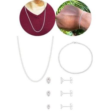 Imagem de Kit Corrente Pulseira Trio Brinco Zircônia Prata 925 Masculina Fina Groumet 2mm-Masculino