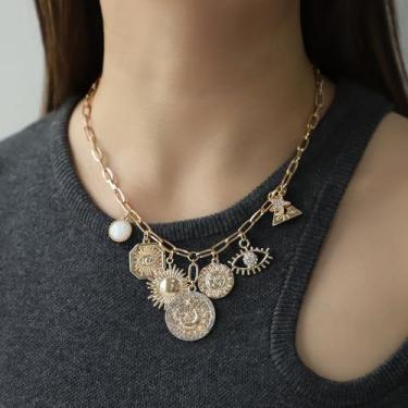 Imagem de Colares boêmios para mulheres, pingente de olho turco, dourado, grosso, antigo, banhado a ouro, moderno, vintage, sol, lua, estrelas, berloques boêmios, ajustável, joia boêmia, presente para mulheres