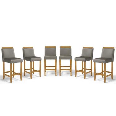 Imagem de Kit Com 6 Banquetas Eloá Madeira Maciça Assento Estofado Para Bancada Veludo Chumbo 109