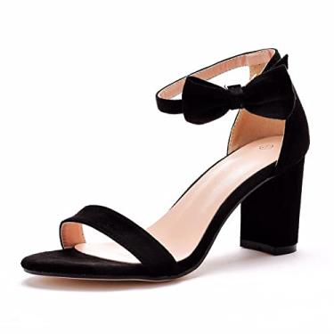 Imagem de Movefad Sandálias femininas de salto nude, bico aberto, tira no tornozelo, salto grosso, salto grosso, festa, casamento, tiras com laço e fivela, Preto, 38
