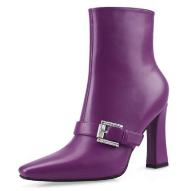 Imagem de Perisis Botas de cano curto, salto alto, grosso, preto, bico quadrado, fechado, curto, com zíper lateral, salto de 10 cm, padrão de crocodilo para mulheres e mulheres sexy, PU roxo, 35