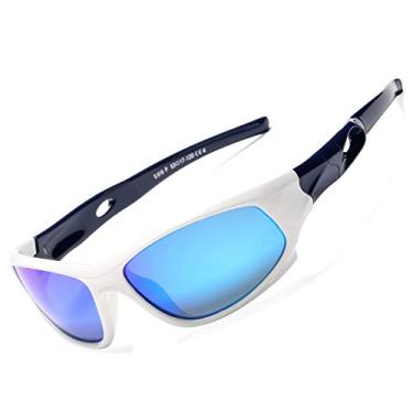 Imagem de Hycredi Óculos de sol polarizados de borracha para crianças TR90 Unbreakable Sport Shade crianças meninos meninas idade 3-12 anos, Branco/azul espelhado, Small