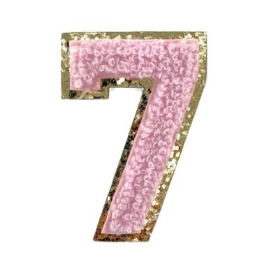 Imagem de Remendos iniciais universitários de glitter dourado e chenille rosa, adesivo adesivo 3M, 5,7 cm de altura (7)