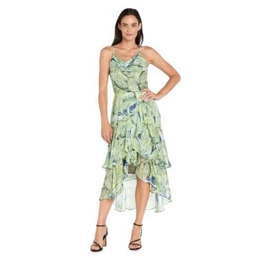 Imagem de R&M Richards Vestido midi de chiffon alto e baixo com decote drapeado e saia com babados em camadas - coquetel e noite, Verde, 48