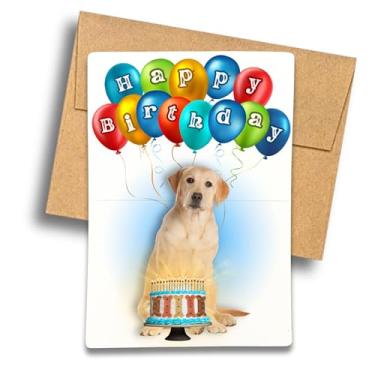 Imagem de Fava Bean Productions Cartão de felicitações de feliz aniversário labrador amarelo com bolo de biscoito e balões - 529