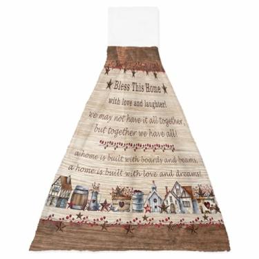 Imagem de Toalhas de mão de cozinha com laços Country Star Farmhouse tábua de madeira vintage absorvente toalha pendurada panos de prato pano de lavagem macio para banheiro lavanderia, conjunto de 1, Bless Home