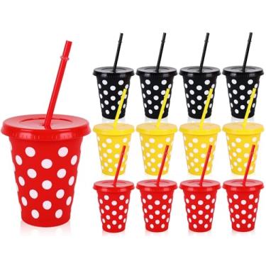 Imagem de Whaline 12 peças de copos de plástico reutilizáveis com tampas, canudos, copo descartável, 473 ml, vermelho, preto, amarelo, bolinhas, para aniversário, chá de bebê, artigos de festa