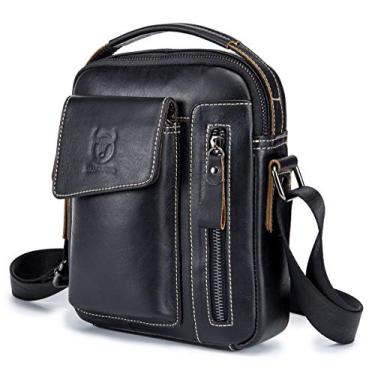 Imagem de BULLCAPTAIN Bolsa de ombro masculina de couro genuíno para uso diário casual bolsa mensageiro bolsa de mão, Preto, 8.66''x7.08''x1.97''