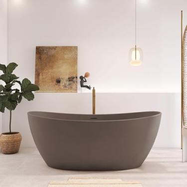 Imagem de Higeine Banheiras independentes de superfície sólida cinza moderna de 165 cm, banheira de imersão exclusiva de resina de pedra fosca com ralo pop-up