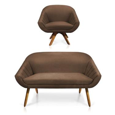Imagem de Kit 01 Namoradeira 02 Lugares E 01 Poltrona Giratória Giovana Suede Base Madeira Mm30 D'rossi Marrom