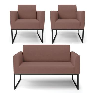 Imagem de Sofá Namoradeira Com 2 Poltronas Base Industrial Preto Marisa Veludo D03 - D\&#039rossi Cor Rose