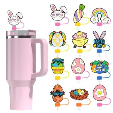 Imagem de 12 tampas de cobertura de palha de páscoa para 30 copos de 1,134 g copos de copos fofos design de ovos de coelho topo de palha 10 mm canudos de silicone tampas protetor de copos acessórios