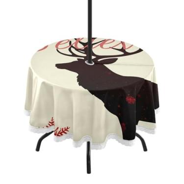 Imagem de Qilmy Toalha de mesa redonda impermeável Reindeer Silhouette Bege 152 cm com orifício para guarda-chuva e zíper – Uso externo / interno resistente para pátio, churrascos, piqueniques, festas (serve