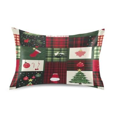 Imagem de Blueangle Fronha de cetim com estampa de patchwork de Natal para cabelo e pele, fronha de seda, tamanho Queen (50,8 x 76,2 cm) - Capas de almofada de cetim refrescantes com fecho de envelope (451)