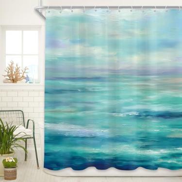 Imagem de Cinbloo Cortina de chuveiro abstrata oceano azul 182x182 A pintura a óleo praia mar azul-petróleo paisagem paisagem litorânea verão Havaí natureza conjunto de cortinas de banheiro simples banheiro