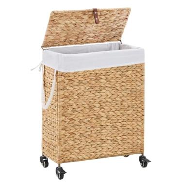 Imagem de Cesto de roupa suja rolante com tampa e rodas, cesto de roupa suja fino com saco de forro removível e 2 sacos de malha, cesto de roupas de jacinto de água tecido à mão para quarto e banheiro (natural