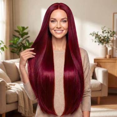 Imagem de Peruca frontal reta de 76 cm de cabelo humano, 33 x 4 sem cola frontal de renda transparente, peruca reta longa pré-arrancada, linha do cabelo natural borgonha