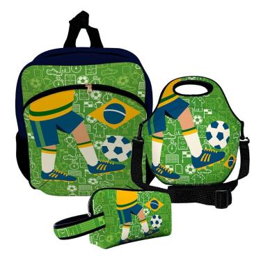 Imagem de Kit Escolar Mochila de Costas + Lancheira + Necessaire Plus – ISOPRENE – Menino Futebol-Unissex