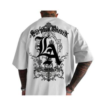 Imagem de Camiseta Casual De Verão Masculina Em Algodão Com Estampa LA, Gola Red