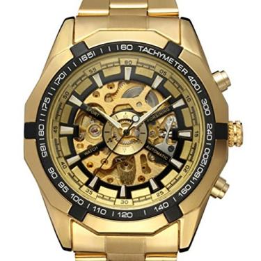 Imagem de Relógio de Homem Relógio mecânico automático masculino estilo oco com pulseira de aço inoxidável (dourado + preto)