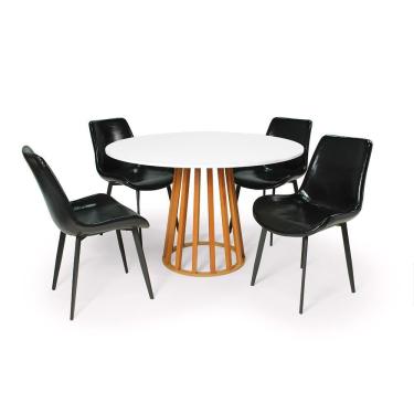 Imagem de Conjunto Mesa de Jantar Redonda Talia Amadeirada Branca 120cm com 4 Cadeiras Estofadas Chicago - Preto