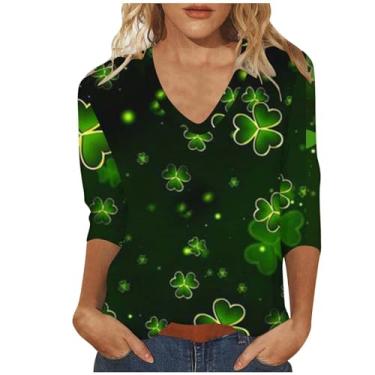 Imagem de Camiseta feminina Dia de São Patrício, manga 3/4, verde, trevo irlandês, camisetas estampadas fofas 2024, 4 cafés, GG