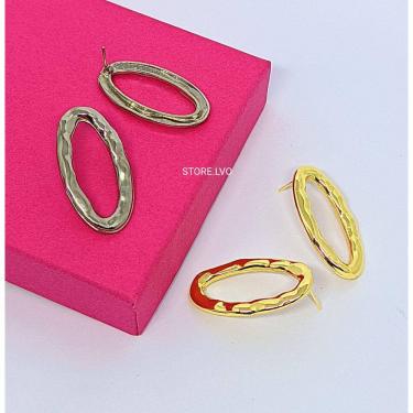 Imagem de Brinco Feminino orgânico Metal Martelado Vazado Grande Folhado Ouro 18K Dourado e Prata Luxo Tendência