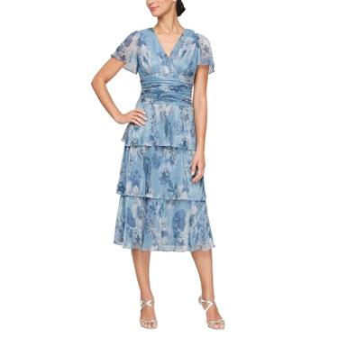 Imagem de S.L. Fashions Vestido feminino midi de manga curta com decote em V e cintura franzida, vestido de convidada de casamento (tamanho pequeno e regular), Floral azul, 40