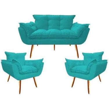 Imagem de Uma Namoradeira + Duas Poltronas Chesterfield Luxo Opala - SUEDE AZUL 