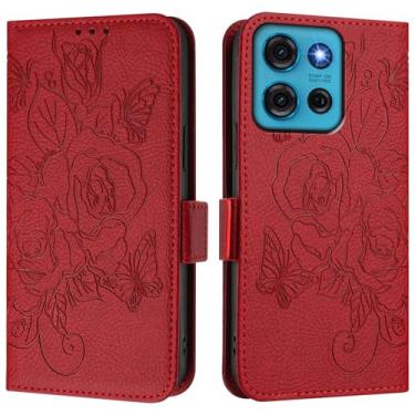 Imagem de Capa carteira rosa e borboleta em relevo para Motorola Moto G75, [bloqueio RFID] [suporta carregamento sem fio] 3 compartimentos para cartão e 1 compartimento para dinheiro, capa flip com fivela