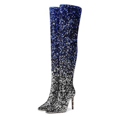 Imagem de UNWRBD Botas longas de lantejoulas gradientes de 11 cm de tamanho grande, botas de festa stiletto acima do joelho, bico fino, salto alto feminino, Azul, US7.5 EU40