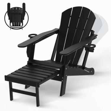 Imagem de BRIOPAWS Cadeira Adirondack dobrável com encosto ajustável e otomana, textura de madeira HDPE para todos os climas com porta-copos e apoio retrátil para os pés para piscina, fogueira, deck, preto