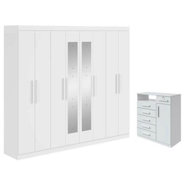 Imagem de Guarda Roupa Casal Andara Soft com Espelho e Cômoda Sapateira da Vinci Branco Brilho – Lopas
