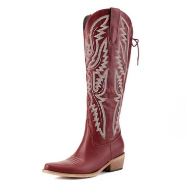 Imagem de LGQ Botas femininas de caubói com franjas na altura do joelho, botas de cano alto bordadas com borlas bordadas, bico curto, botas de equitação ocidentais, Vinho tinto, 40