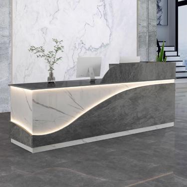 Imagem de Mesa de recepção moderna para escritório, mesa de balcão de recepção, recepção de recepção, mesa de balcão de escritório madeira projetada com tiras de luz para salões de beleza, textura cinza +