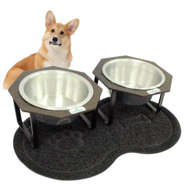 Imagem de kit 2Tigelas Elevadas Para Cães e Gatos Plus Metal Morapet +Tapete Pet
