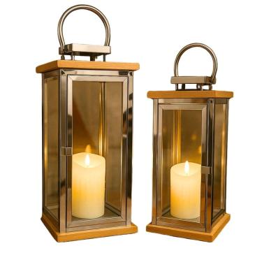 Imagem de Jogo 2 Lanternas Decorativa Iluminada Inox e Madeira 60cm e 43cm com Vela LED - Empório Decor