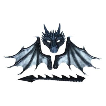 Imagem de Fiocias Fantasia infantil de dragão, Halloween, dinossauro imaginativo, cauda, ​​máscara, asas, conjunto, fantasia para carnaval, dança, festa, festival, Preto