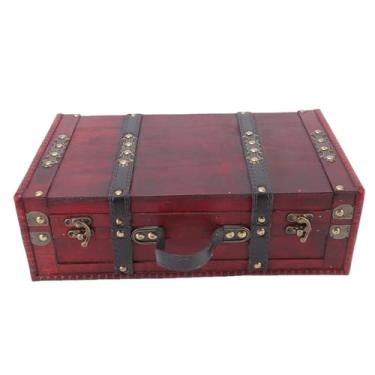 Imagem de Asixxsix Mala vintage de madeira, bordas em couro PU Mala decorativa portátil com tampas, alças, rebites nos cantos e ferragens em latão, baús decorativos antigos