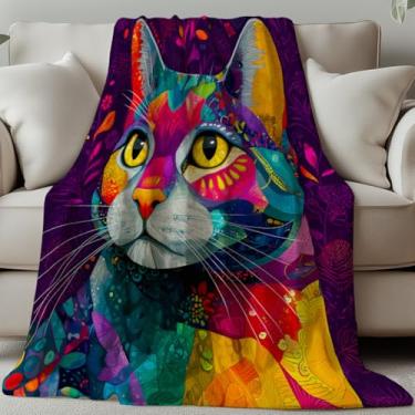 Imagem de GLOBLELAND Manta de gato colorida 139 × 128 cm estilo grafite cobertor de flanela macio aconchegante cobertor lavável felpudo para casa, escritório, quarto, cama, sofá, cadeira, presente