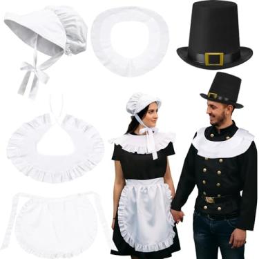 Imagem de Breathffy Conjunto de 5 peças de fantasia colonial feminina de Dia das Bruxas, avental de xale, chapéu de peregrino branco, conjunto de fantasia de peregrino, chapéu em preto para cosplay de Halloween