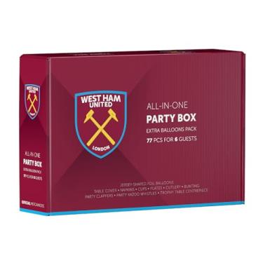 Imagem de Conjunto de artigos oficiais de festa do West Ham United, 75 peças de decorações de festa de futebol, serve 6, com balões e utensílios de mesa | Para comemorar aniversário e dia de jogo
