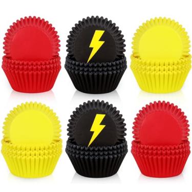 Imagem de JarThenaAMCS 600 peças com forro de cupcake de desenho animado vermelho, amarelo e preto, papel de animação, muffin, envoltório de cupcake para chá de bebê, festa de aniversário, suprimentos de