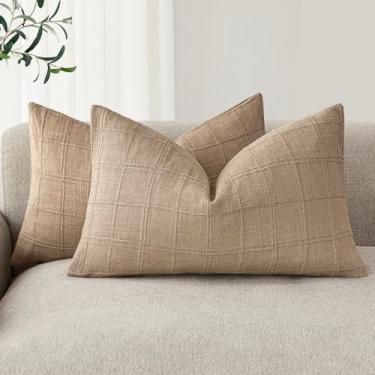 Imagem de Foindtower Conjunto de 2 capas decorativas de linho xadrez de almofada neutra para casa de fazenda para almofada lombar moderna costeira boho decoração de casa para sofá, poltrona, quarto, sala de