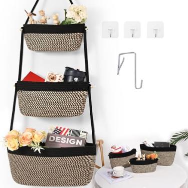 Imagem de Cestas de armazenamento suspensas, cesta de 3 camadas sobre a porta, armazenamento de cesta de parede de algodão, cesta removível para porta suspensa com 4 ganchos, organizador sobre a porta, berçário