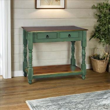 Imagem de Aparador Para Sala Rústico Com 2 Gavetas 1 Prateleira Pés Torneados - Verde Kalle E Tampos Castanho Envelhecido