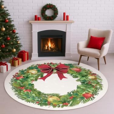 Imagem de Acetiamin Tapete redondo de Natal lavável à máquina, antiderrapante, vintage, floral, para crianças, tapete de quarto de pilha baixa para sala de estar, quarto, sala de jantar e berçário (guirlanda de